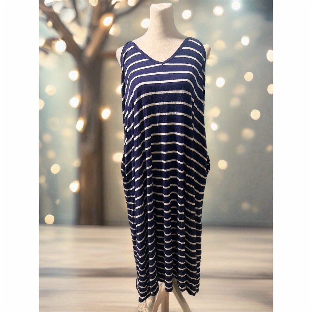 Zenana Premium Maxi Dress Womens XL Navy White Striped Sleeveless V-Neck